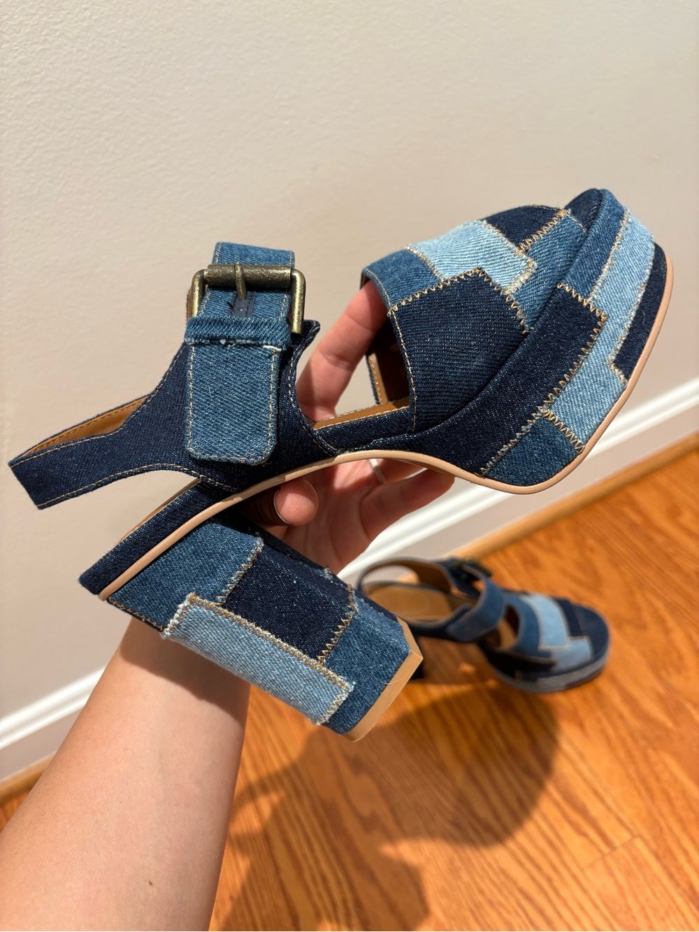 See by Chloé Denim Patchwork Block Heel Platform Sandals Sz 39 * - Picture 2 of 14